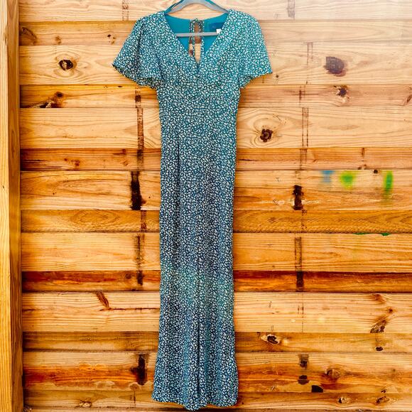 Blue Rain Pants - Blue Rain Boho Green Jumpsuit White Floral Print, Flutter Sleeves, XS, EUC